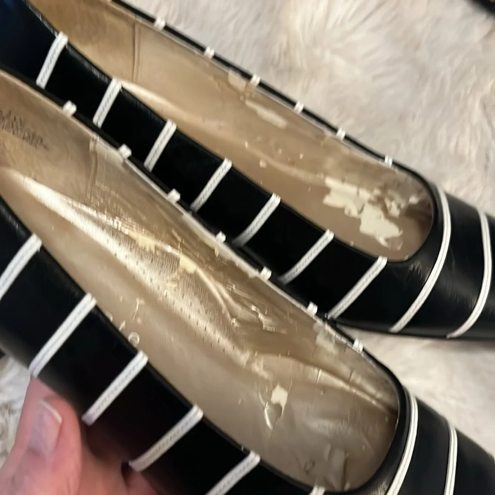 David Tate Womens Black and White Striped Leather Slip On Pumps Heels Sz 6.5W